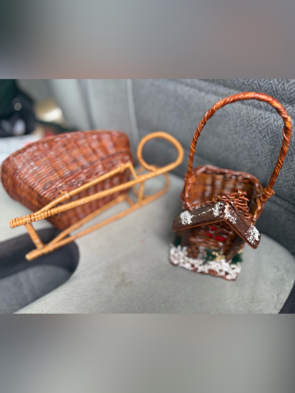 Vintage Show Stoppers Wicker Christmas Sleigh & Snowy Cabin Basket Bundle